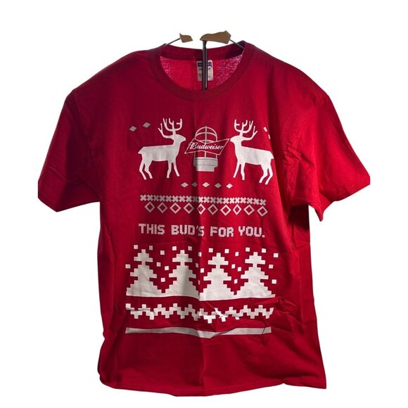 Budweiser Holiday T-Shirt This Buds For You Deer Trees Lg Red Jerzees Cotton - Picture 1 of 7